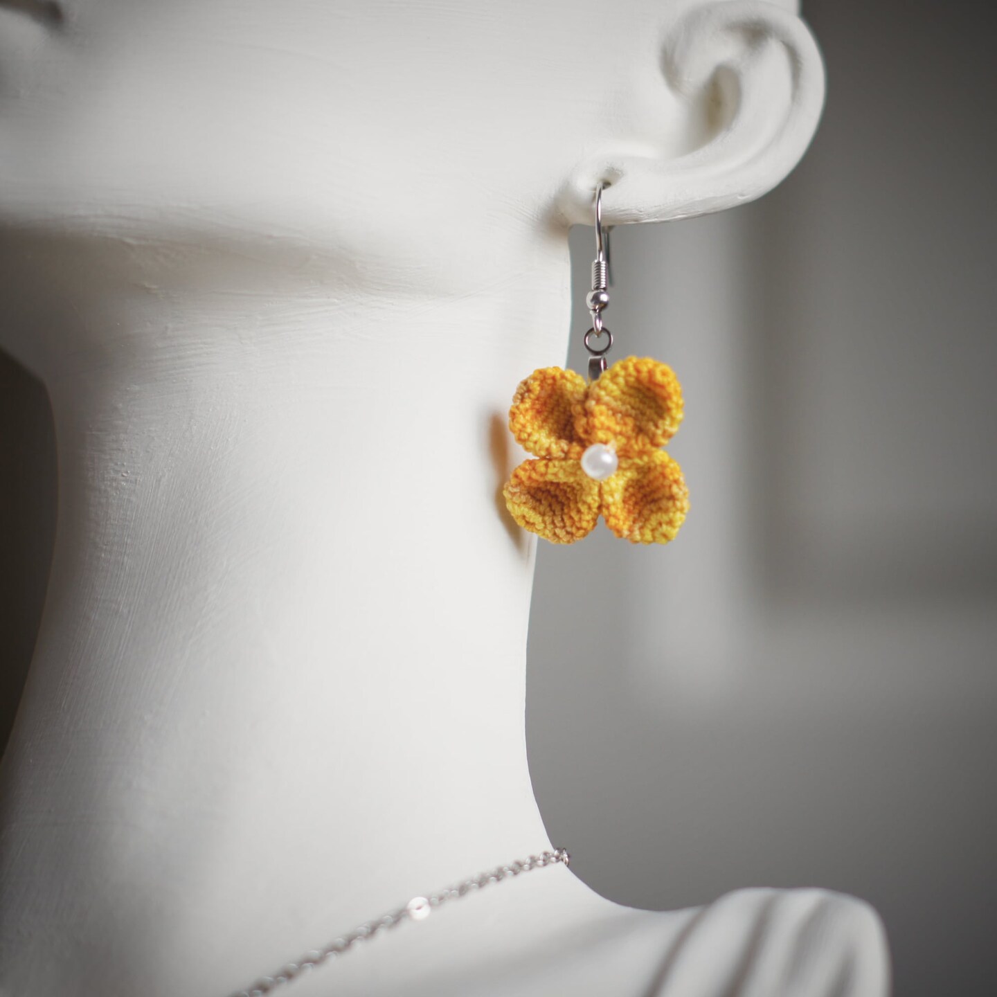 Yellow Crochet Flower Necklace and Earrings with Stainless Steel