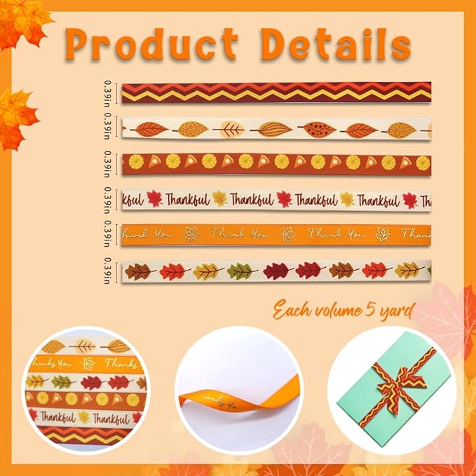 6 rolls 30 yards of fall ribbons, autumn harvest ribbons, wave polyester satin ribbon. Thanksgiving Pumpkin Maple Leaf Orange Ribbon 3/8" Wide for Gift Wrapping DIY Projects Fall Thanksgiving Decor