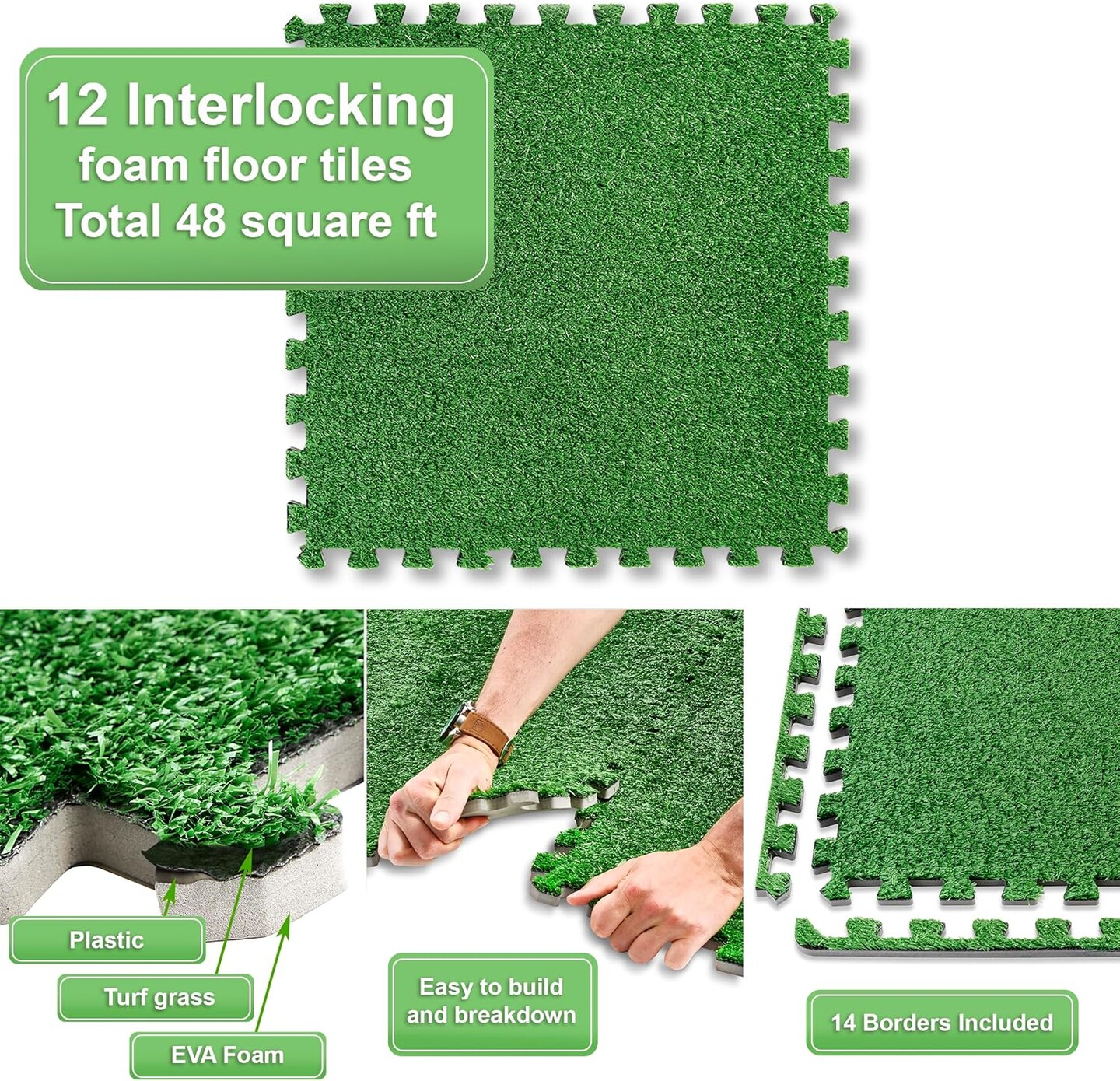 Sorbus Grass Foam Floor Tiles - 12 Interlocking Mats of 24&#x22; X 24&#x201D; (48 Sq Ft Total) Artificial Carpet Grass Turf for Indoor Outdoor