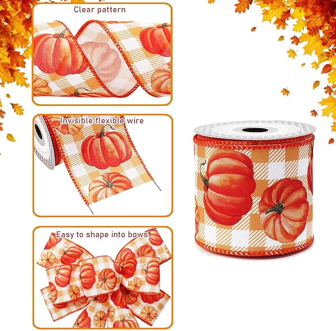 Fall Ribbon Wired 2 1/2&#x22; x 30 Yards (6 Roll x 5 Yards), Thanksgiving Pumpkin Buffalo Plaid Ribbon with Wire for Wreaths, Crafts, and Fall Decor