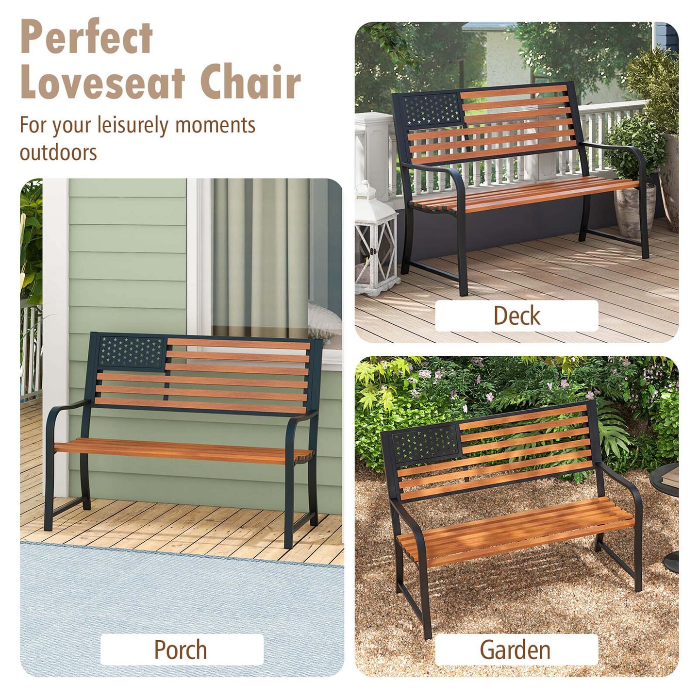 Costway 50&#x22; Outdoor Garden Bench with Flag Pattern Backrest &#x26; Rustic Wood Grain Finish