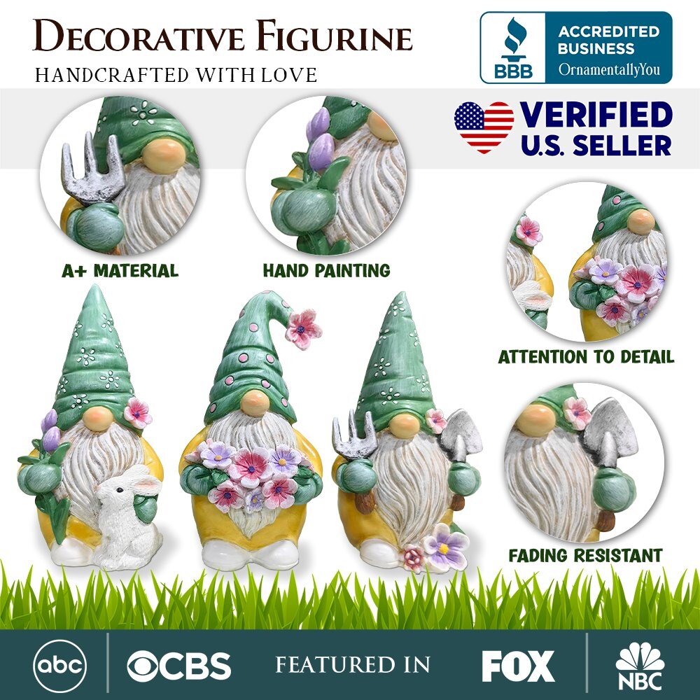 Garden Guardians Set of Three 6&#x22; Gardening Gnome Figurines, Floral Green and Yellow Statue Decor