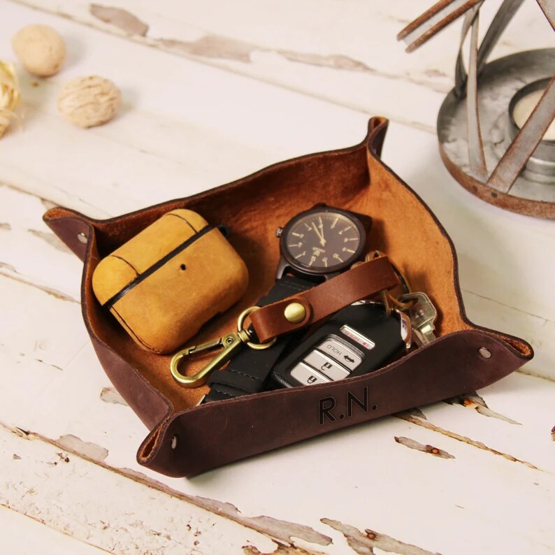 Father Birthday Gifts,Personalized Leather Catchall,Custom Valet Tray,Nightstand Organizer,Monogrammed Home Decor,Office Gift for Coworker