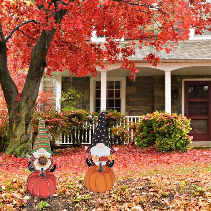 Fall Decorations for Home Outdoor, 2 Pieces Metal Gnome Decorative Garden Stakes with Pumpkins for Fall Decor, Yard Signs for Garden, Home, Lawn, Patio, Thanksgiving Decorations