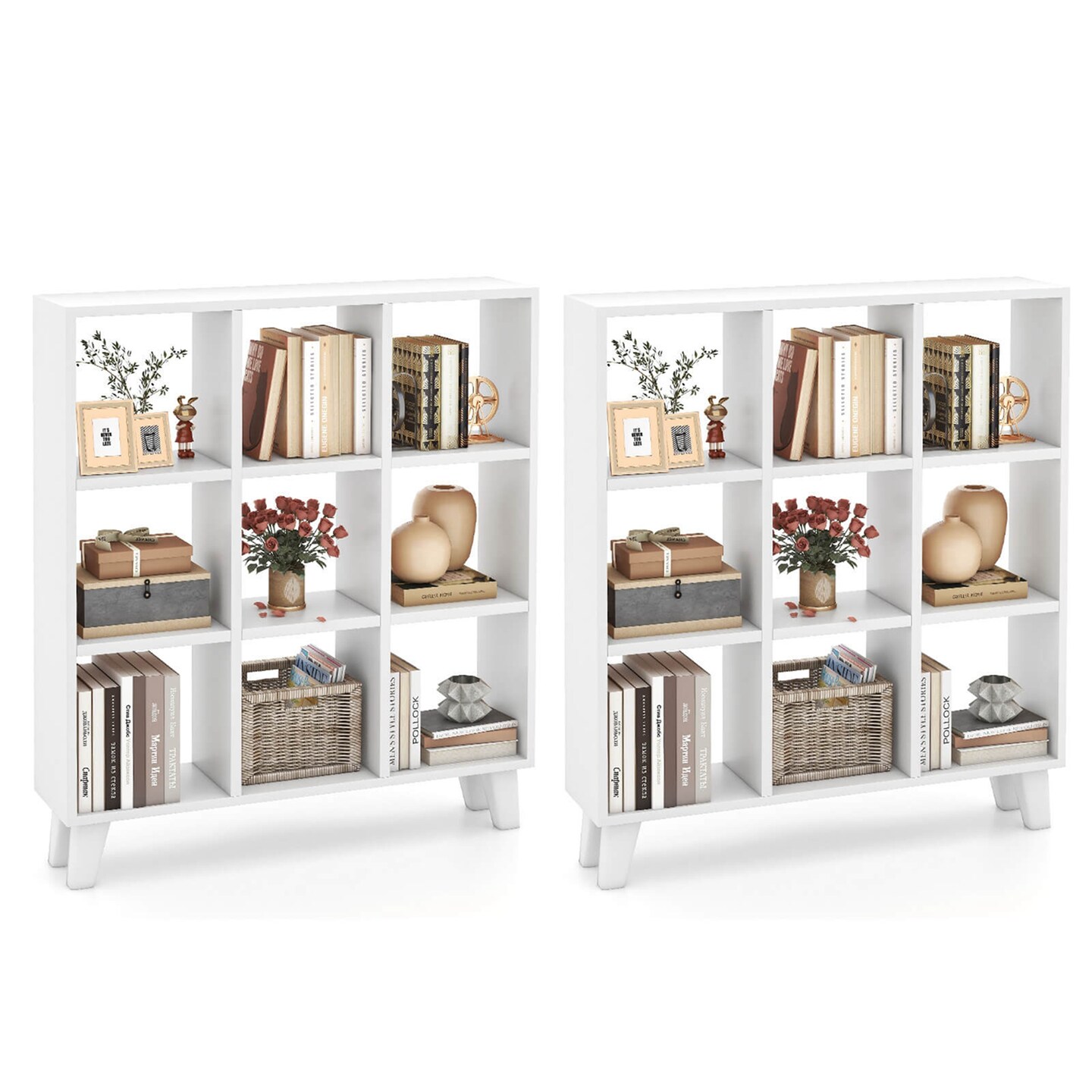 Costway 2 PCS 9-Cube Bookcase with 6 Removable Shelves Raised Support Feet for Living Room Brown/White