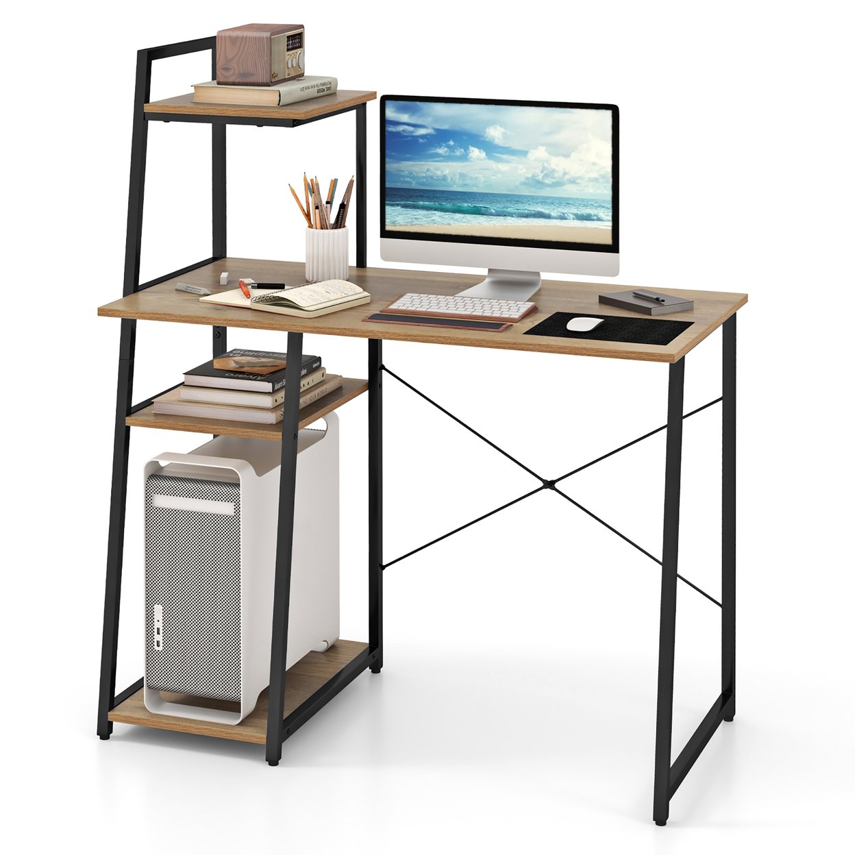 Computer Study Desk Writing Table Workstation W/ 4-Tier Storage Shelves