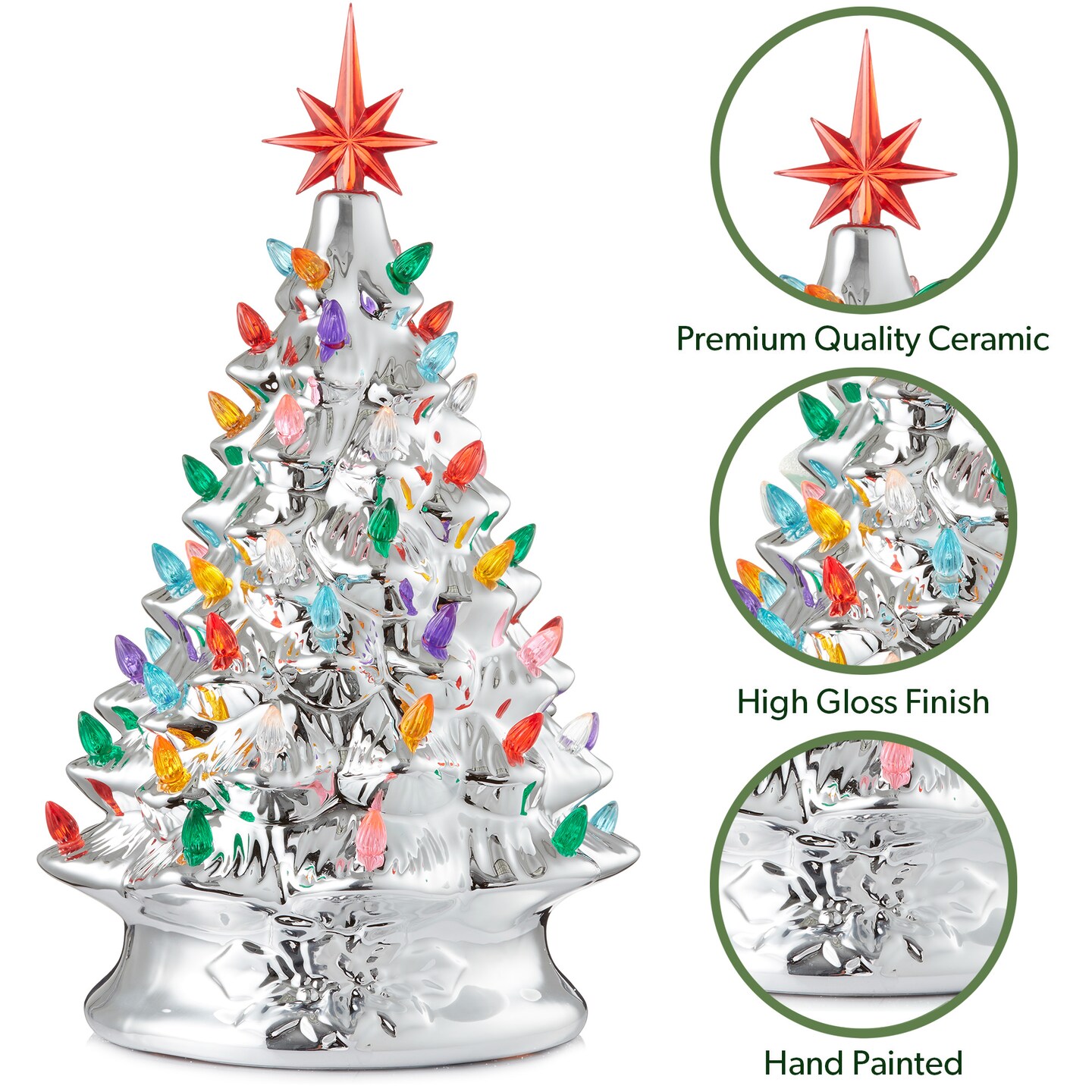 Casafield Hand Painted Ceramic Christmas Tree, 15-Inch Pre-Lit Tree with 128 Multi Color Lights and 2 Star Toppers