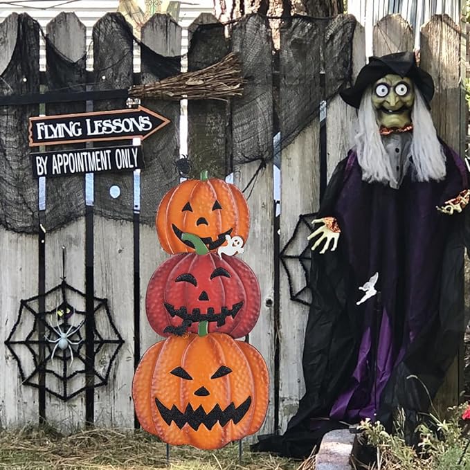 Halloween Yard Decor, 34&#x22; Ornamental Garden Stakes with Three Pumpkins Halloween Party Decorations: Garden Lawn Patio with Jack O&#x27; Lantern Metal Yard Signs