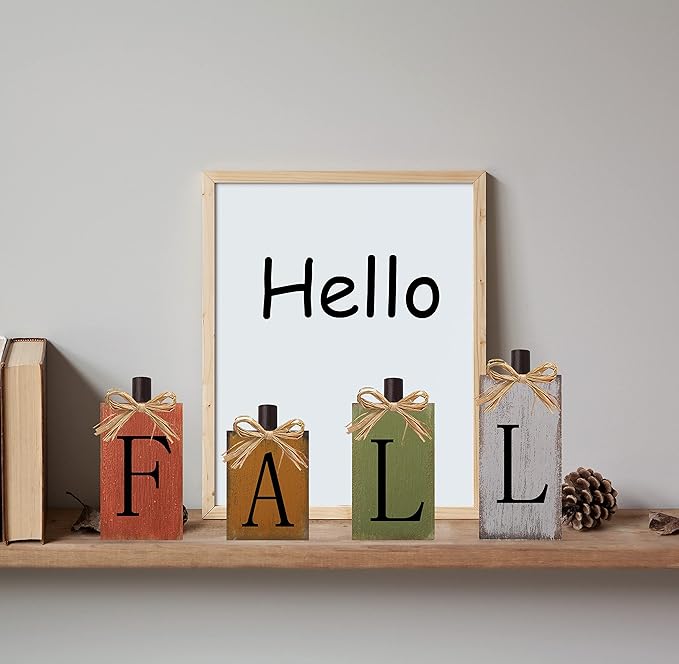 Fall Decorations for Home Thanksgiving signs Harvest Fall Autumn Home Decor with Vintage Farmhouse Block Sign on Wooden Table