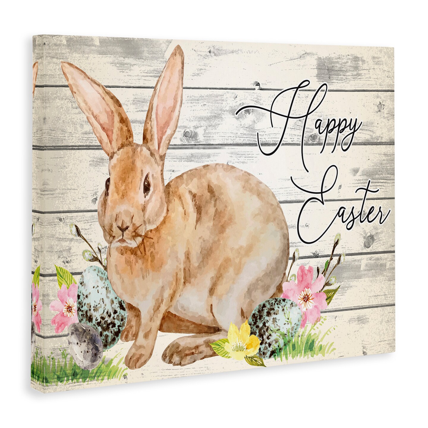 Stupell Industries Spring Floral Happy Easter Bunny Canvas Wall Art