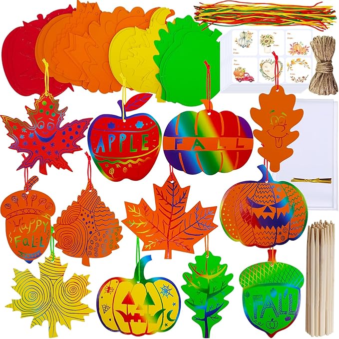 48 Sets of Colorful Magic Color Scratch Fall Ornaments Autumn Scratch Art: Maple Leaf, Oak Leaf, Pumpkin, Apple, and Acorn Fall Craft Kits for Kids: Classroom Activities Halloween Harvest Party Decorations.