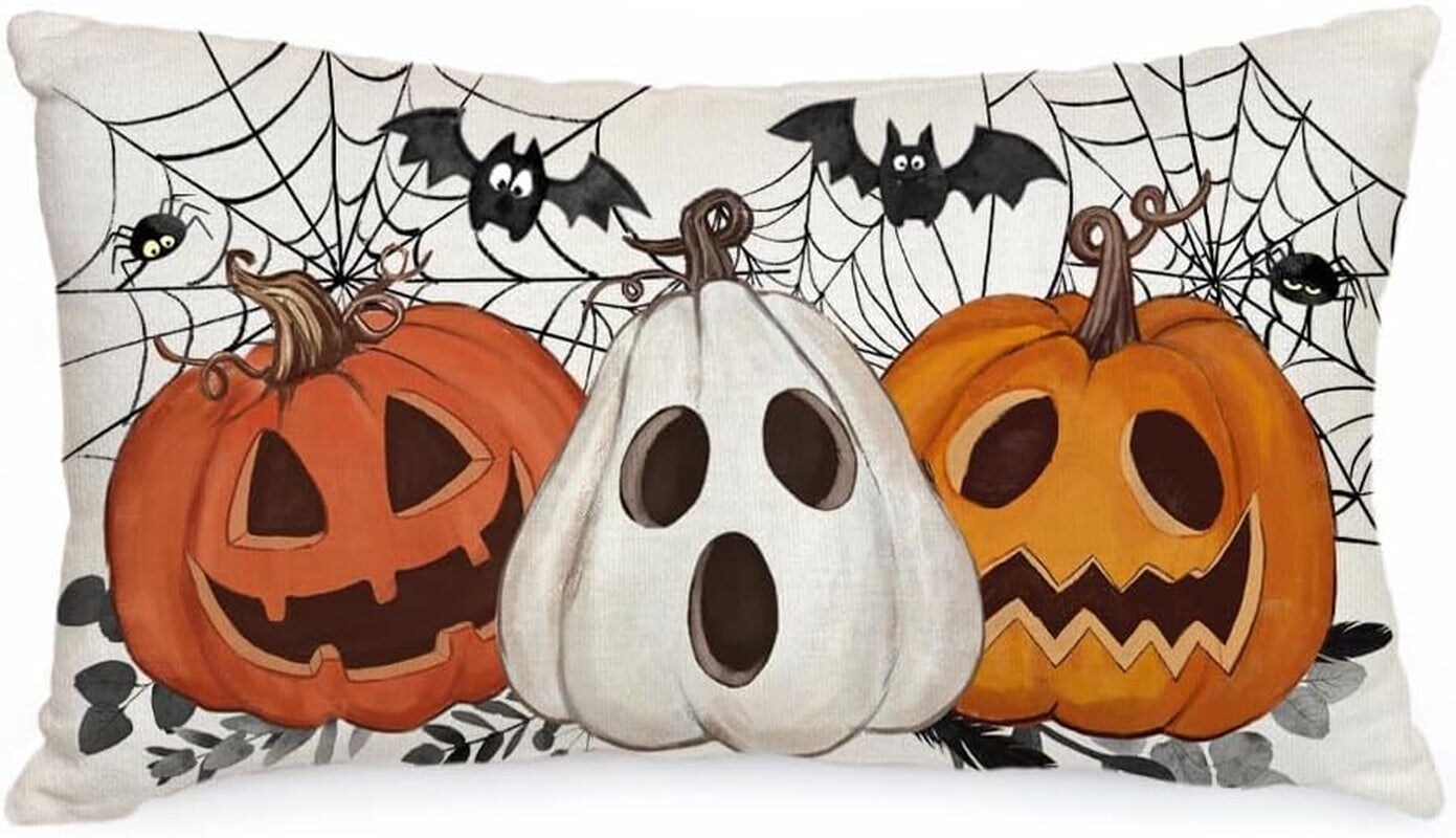 Halloween Pillow Cover 16X16 Inch Pumpkin Jack-O&#x27;-Lanterns Bat Web Decoration Holiday Farmhouse Pillow Case Decor for Home Sofa Couch AA306-16