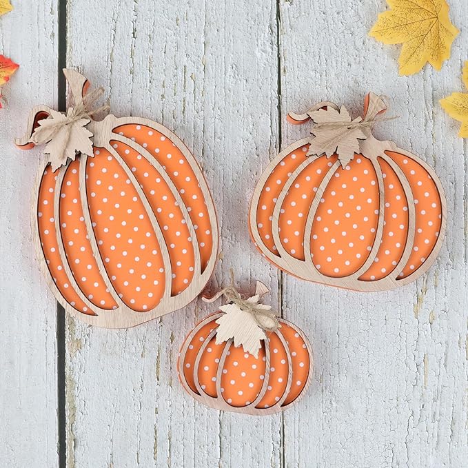 Fall Decor: Wooden Autumn Pumpkin Fall Decorations for Home Shelf Mantel Table Decor Pumpkins of Three Sizes Autumn Season