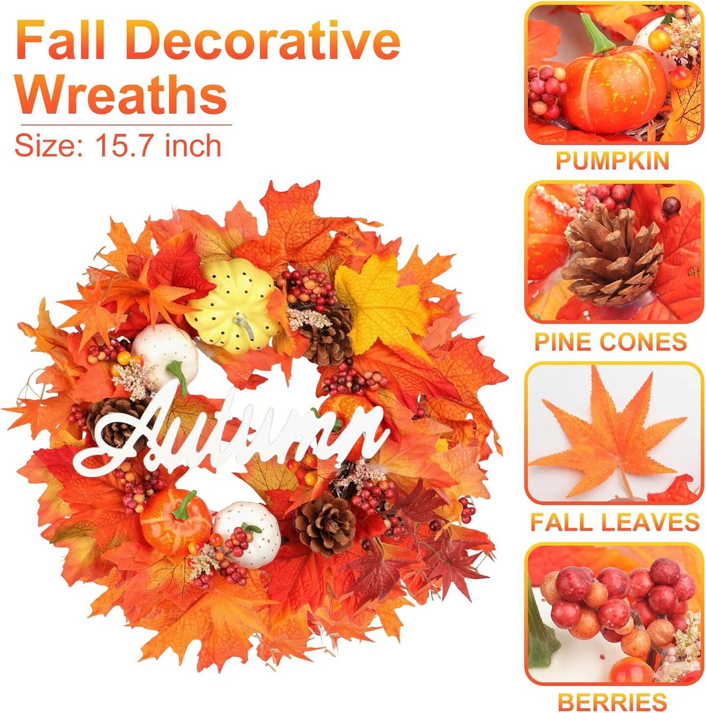 3 Pieces Fall Decorations for Front Door, LED Fall Wreaths, Maple Leaf String Lights, Welcome and Hello Fall Signs Porch Banners, Artificial Pumpkin Pinecone Wreath, for Thanksgiving Home Decor