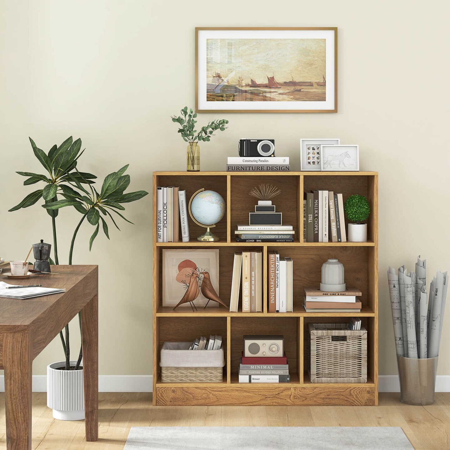 Costway 8-Cube Bookcase 41&#x22; Wooden Toy Storage Organizer for Kids Bookshelf Natural/White