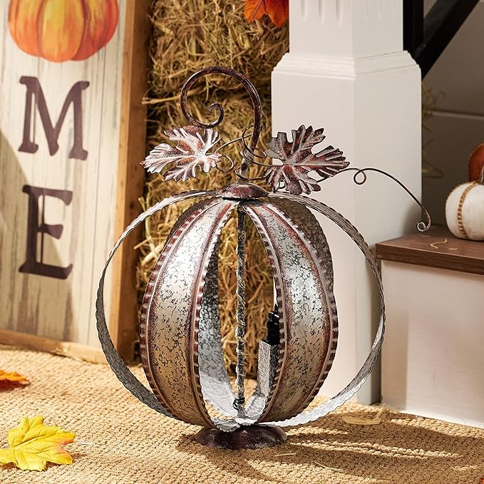 Outdoor Fall Pumpkin Decor: Large Lighted Metal Silvery Pumpkin for Home, Autumn Harvest Halloween Pumpkin for Garden Decor, Yard Decoration for Porch Patio, Thanksgiving Gift, 15.4&#x22;