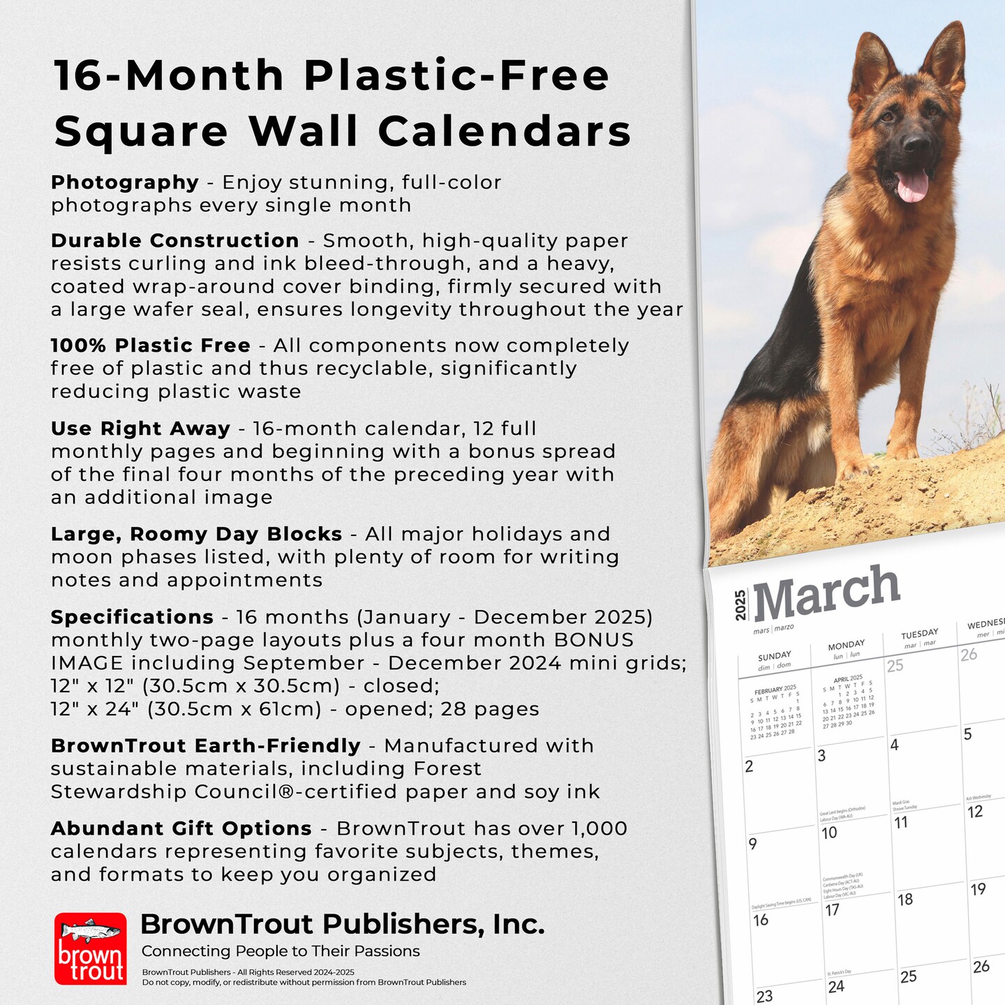 German Shepherds | 2025 12 x 24 Inch Monthly Square Wall Calendar | Plastic-Free | BrownTrout | Animals Dog Breeds