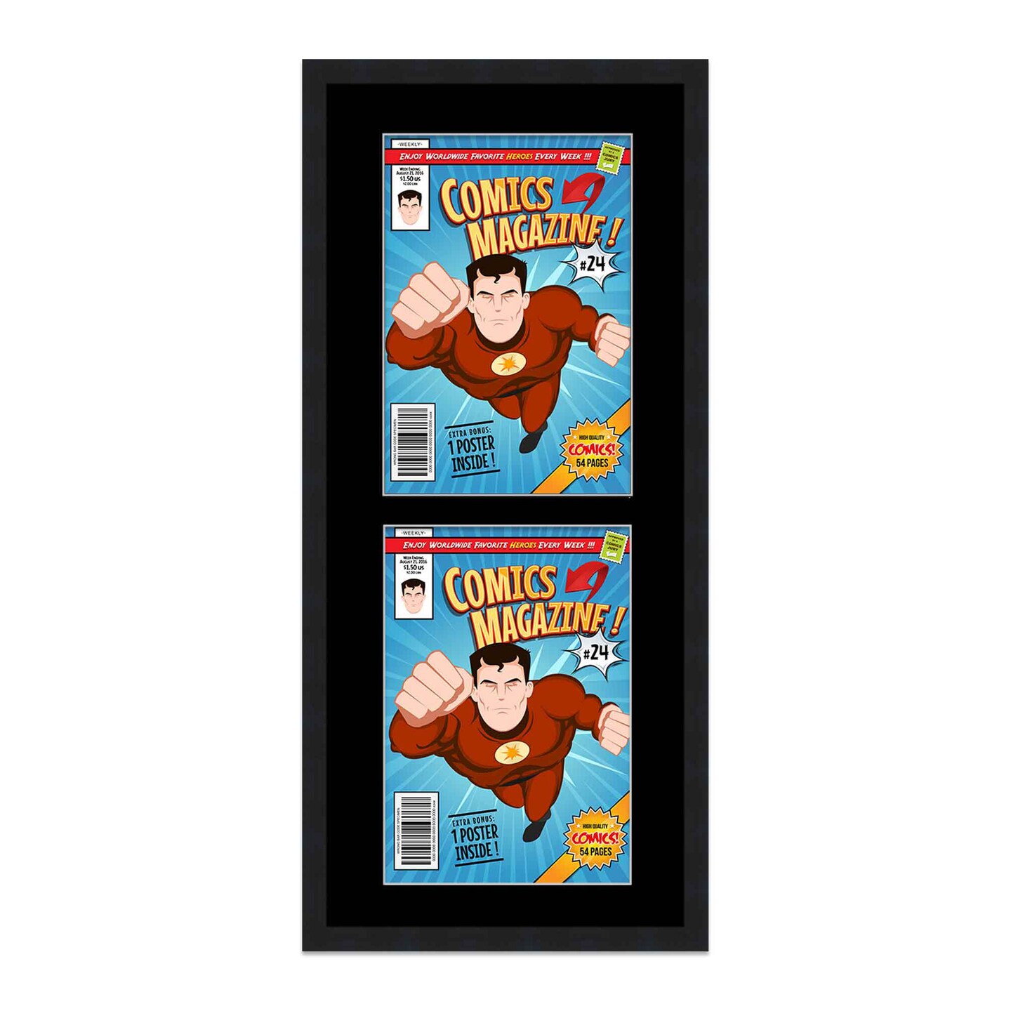 Comic Book Display Frame for Current Era Comics Published After 1985 - Black Wood Comic Frame With Black Mat for 6.875x10.5 Comics, 18 Frame Sizes