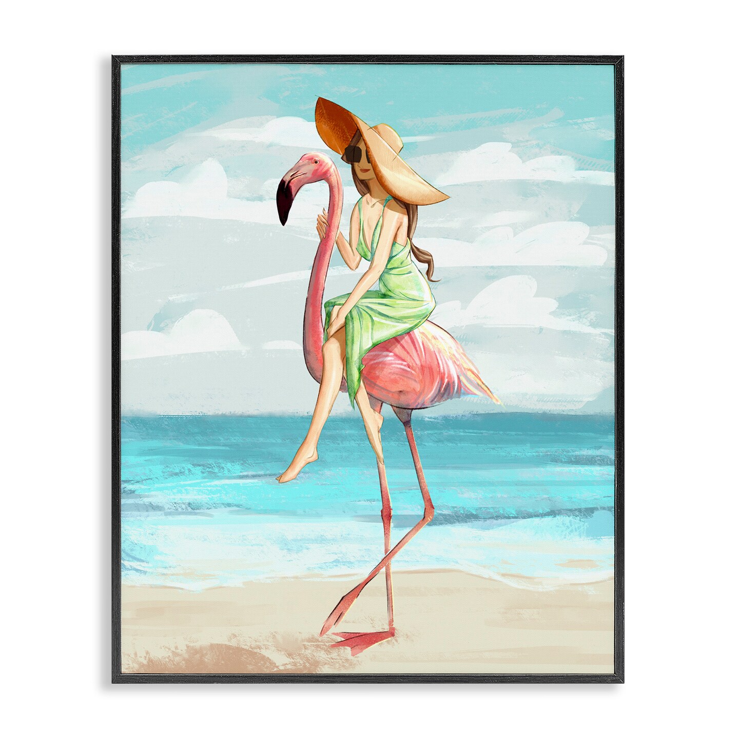 Stupell Industries Beach Woman Riding Flamingo Framed Giclee Art