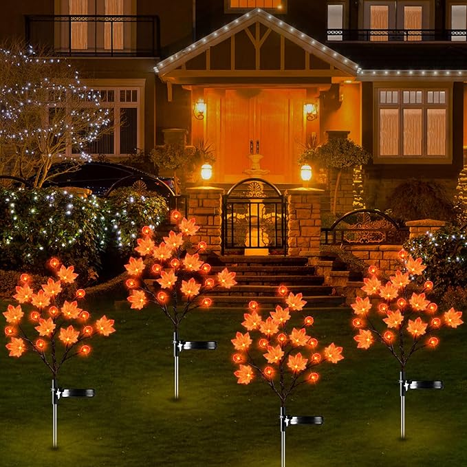 2 pack of solar outdoor lights for fall and Thanksgiving decorations. Outdoor Solar Lights with 3D Maple Pumpkin Lights, Two Modes Fall Thanksgiving Lights Outdoor Solar Lights Waterproof for Yard Decoration