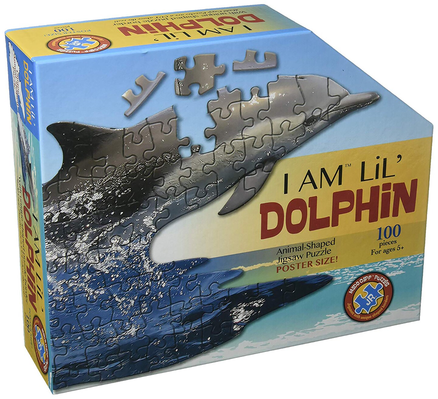 Madd Capp LiL&#x27; DOLPHIN 100 Piece Jigsaw Puzzle For Ages 5+ - 4006 - Unique Animal-Shaped Border, Poster Size when completed, Oversized Puzzle Pieces For Easy Handling, Includes Educational Fun Facts