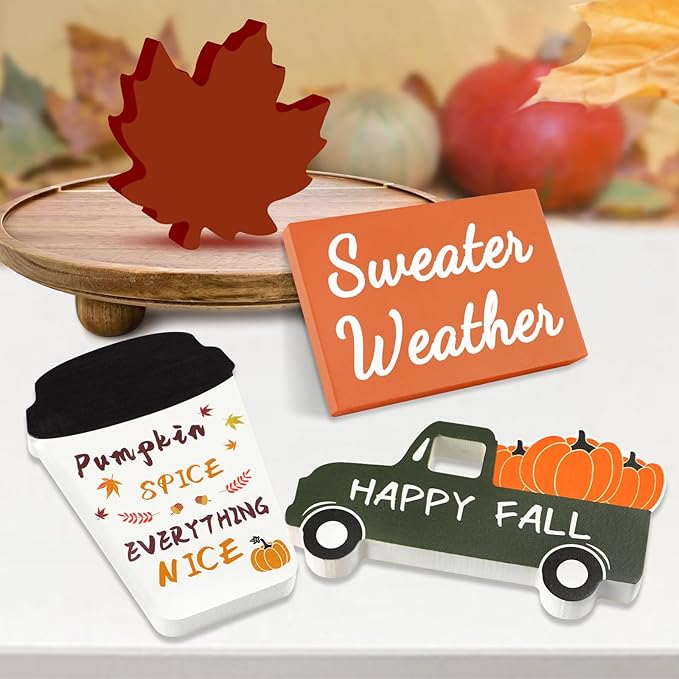 Fall Decorations for Home 4 Piece Wooden Coffee Cup Maple Leaf Car Sweater Weather Sign Farmhouse Table Tiered Tray Decor Thanksgiving Decoration