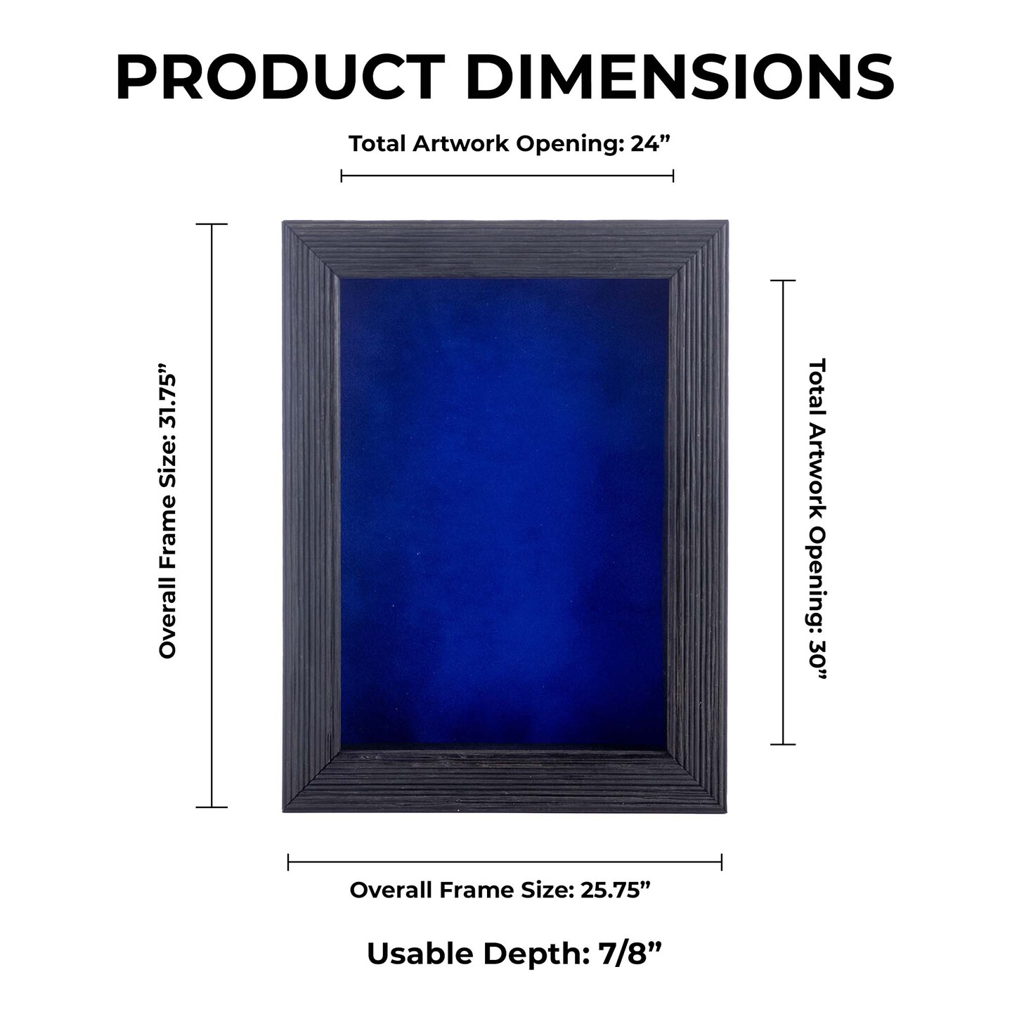 Rustic Black Wood Shadow Box Frame with Acrylic Front - Royal Blue Suede Backing, 30 Sizes