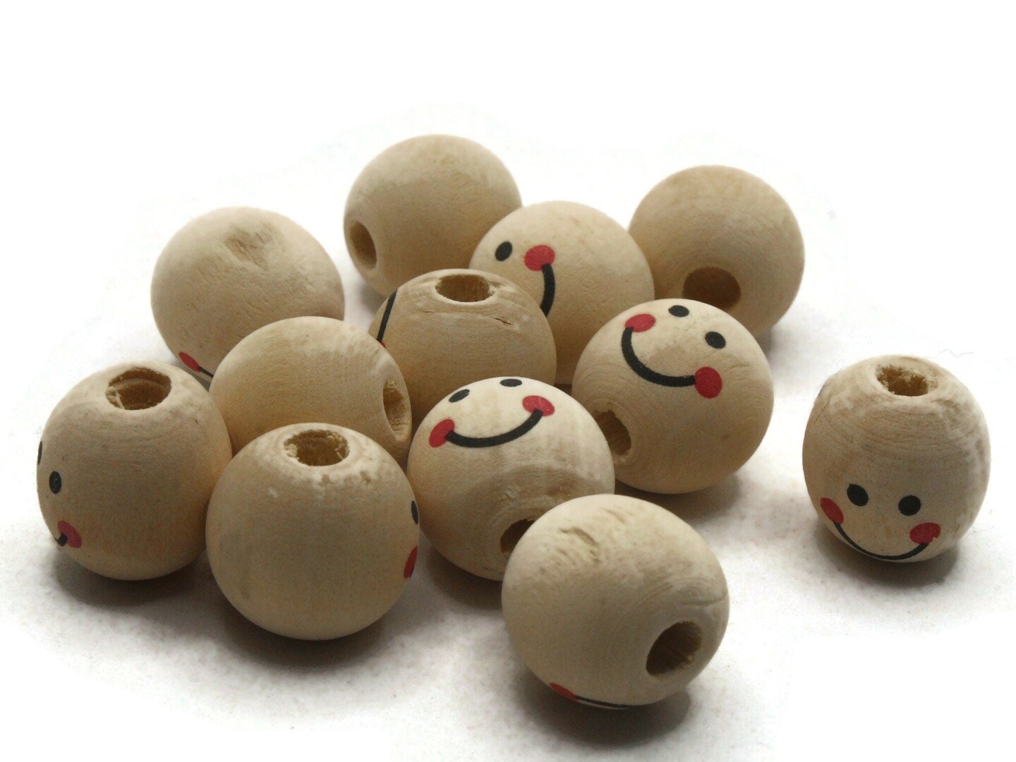 12 17mm Round Wood Smiling Face Doll Head Beads Large Hole Natural Wooden Beads