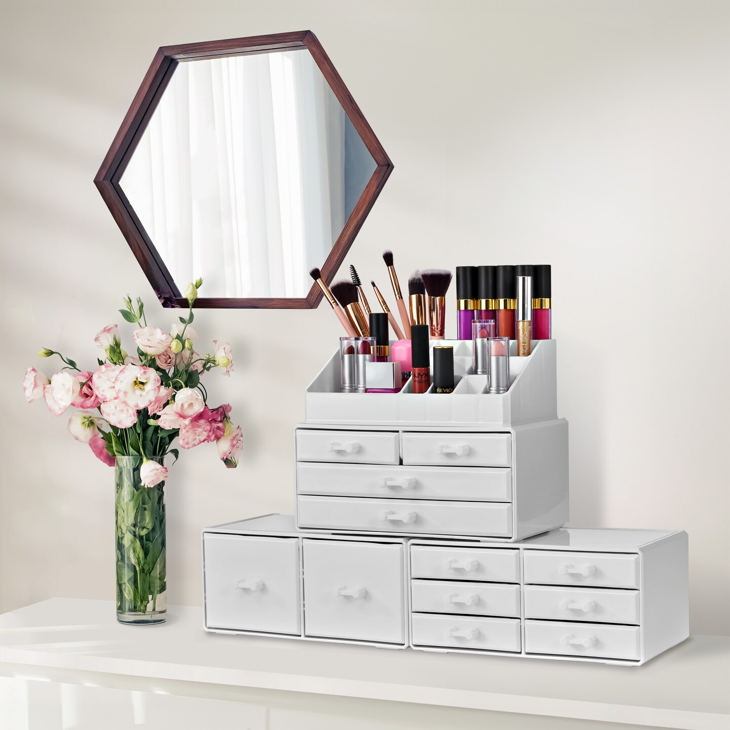 Sorbus Large Makeup Organizer - Stackable Jewelry, Cosmetics, and Skin Care Storage with 12 Drawers and Lipstick and Makeup Brush Holder