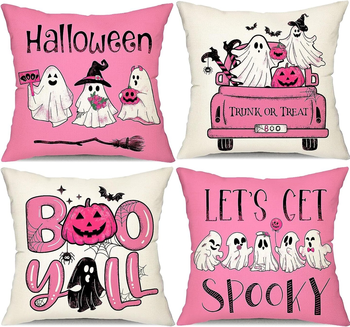 Halloween Pillow Covers 16X16 Inch Set of 4 Black and White Ghost Pumpkins Truck Decoration Pink Halloween Pillow Covers Decor for Sofa Bed Outdoor Car 094