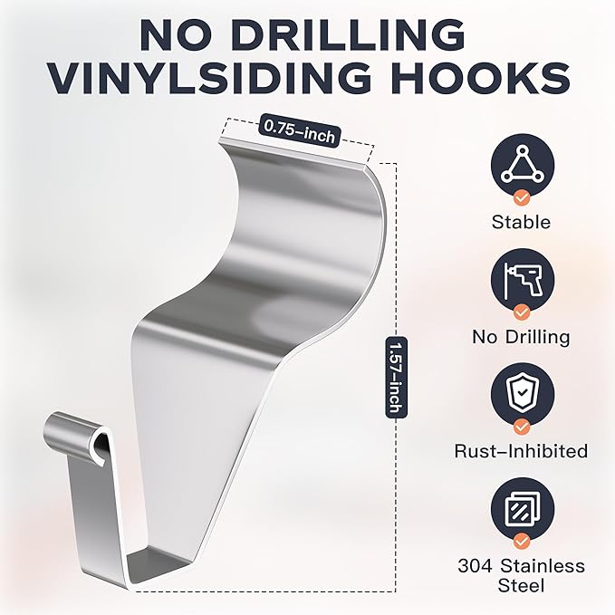 10-Pack Vinyl Siding Hooks – Low Profile, No Drilling, Heavy Duty Stainless Steel