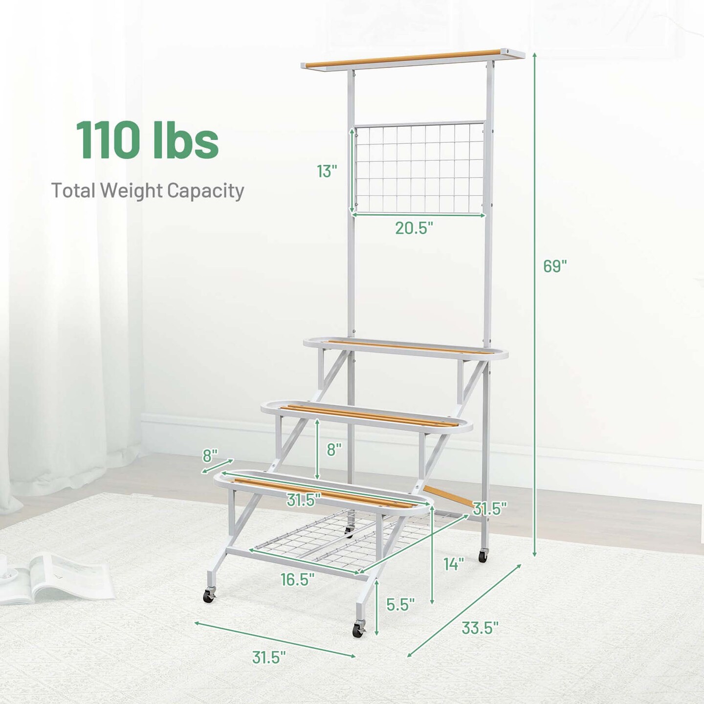 Costway 4-Tier Hanging Plant Stand Ladder Plant Shelf with Hanging Bar & Trellis
