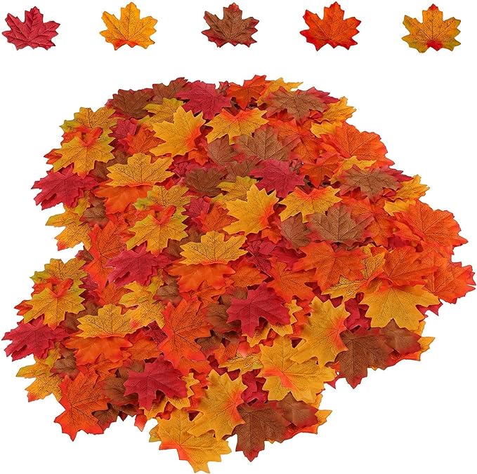 500 Pieces Artificial Maple Leaves 5 Assorted Mixed Fake Fall Maple Leaf Lifelike Looking Silk Autumn Leaf Garland for Halloween Decorations for fall parties, festivals, and Thanksgiving tables