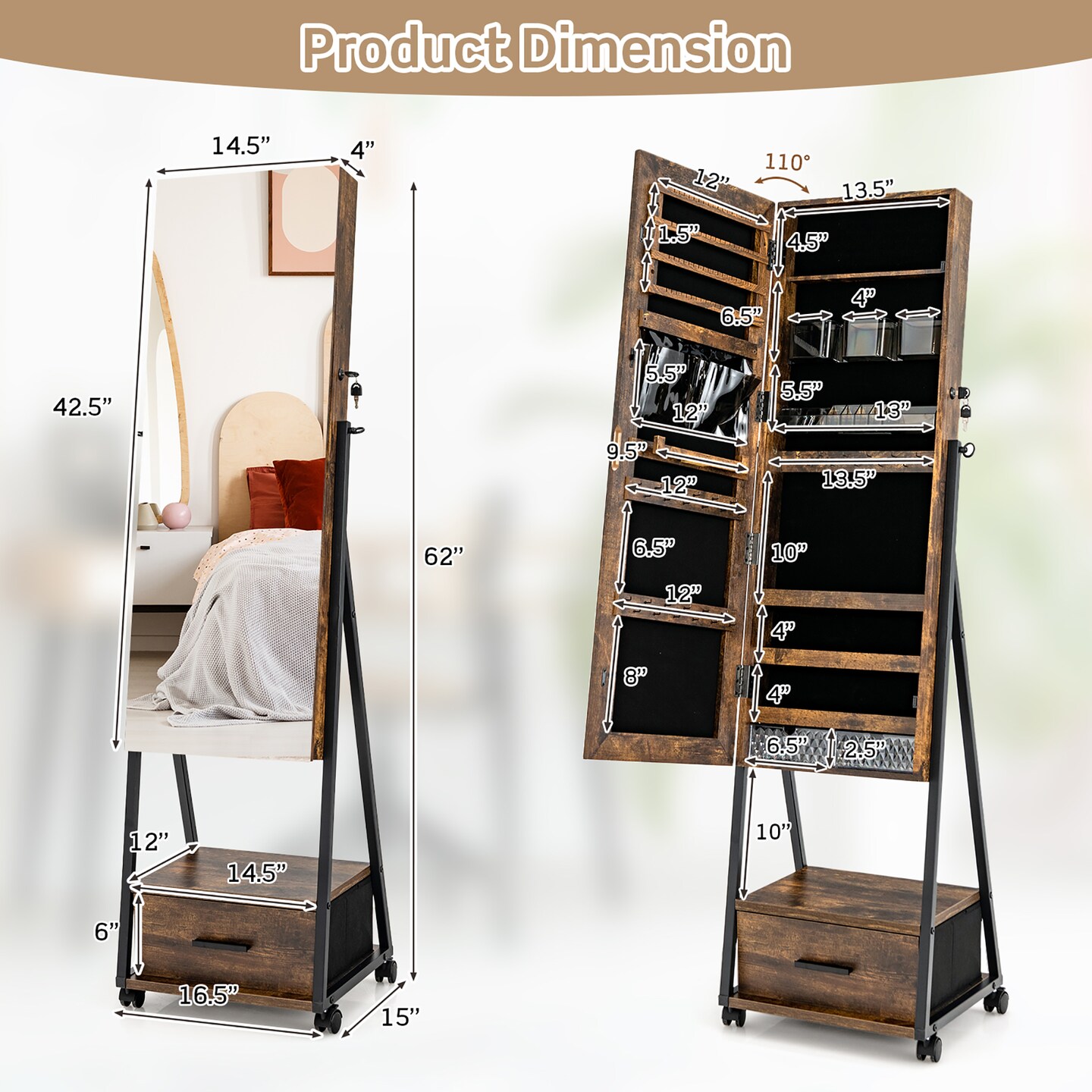 Costway Jewelry Cabinet Armoire Full Length Mirror Lockable with Bottom Drawer & Wheels White/Coffee/Black