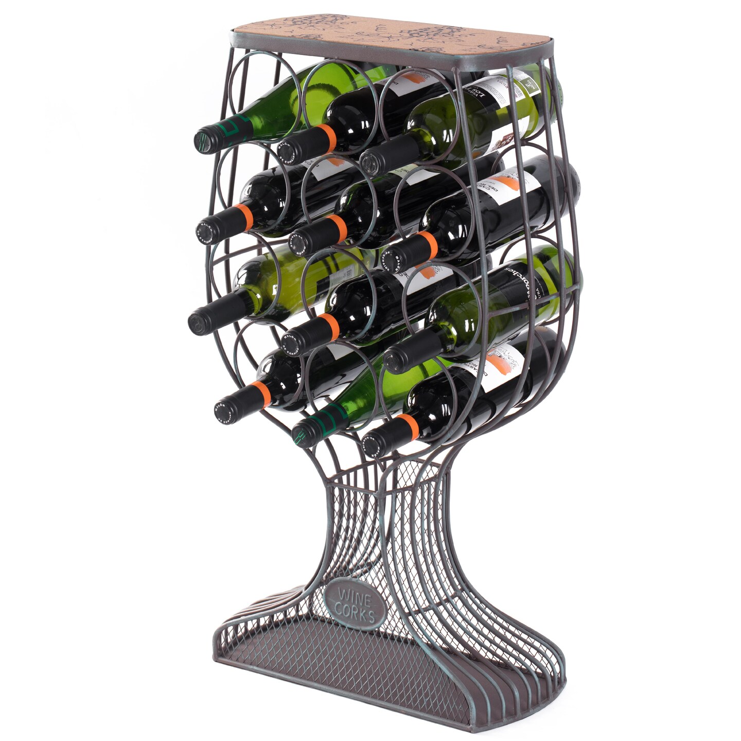 Freestanding Floor Wine Rack with Wooden and Metal Goblet Design - Holds 12 Bottles and Includes Wine Cork Holder - Stylish Bar Organizer for Home, Kitchen, Dining Area and Living Room D&#xE9;cor