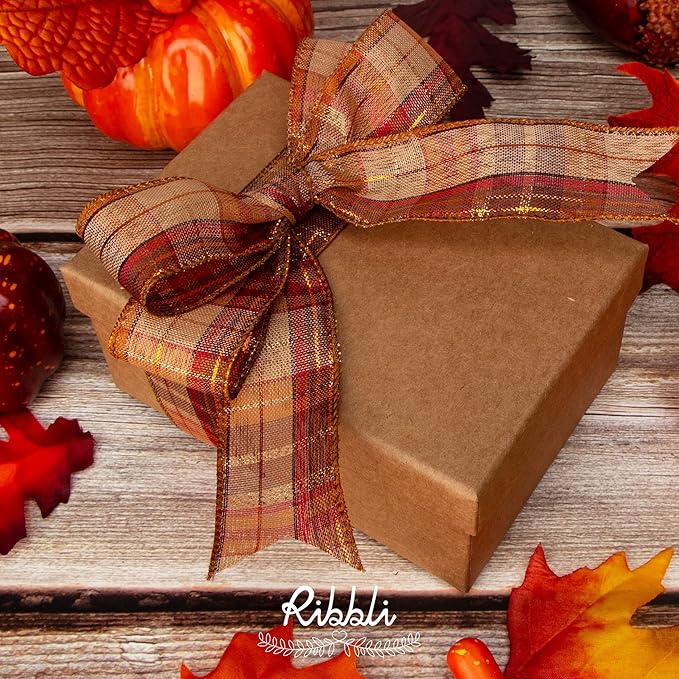 Fall Burlap Wired Ribbon with Gold Foil, 1.5 Inch x 10 Yard, Plaid Ribbon, Check Ribbon for Big Bow, Fall Wreath, and Gift Wrapping, Copper/Burgundy/Brown