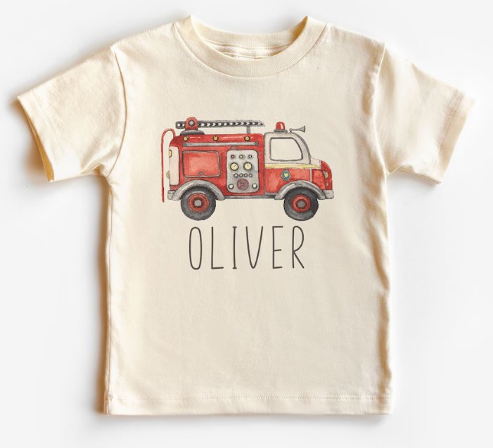 Personalized Fire Truck Toddler Shirt - Cute Custom Name Firefighter Tee -  Boho Natural Kids Shirts | MakerPlace by Michaels, image size:1080x981