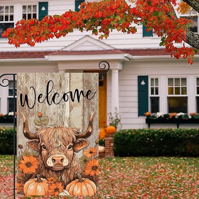 Fall Highland Cow Garden Flags 12x18 Double Sided, Welcome Fall Pumpkin Yard Flag for Outside Decor, Autumn Thanksgiving Holiday Outdoor Seasonal Decorations for Homes