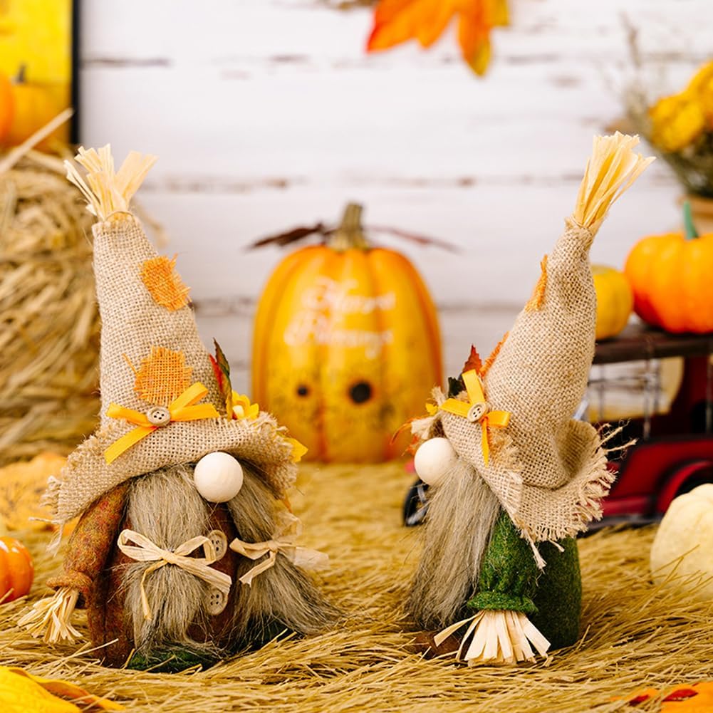 2 Pieces Thanksgiving Gnomes Plush Decor, Fall Kitchen Chef Gnomes with Pumpkin Maple Leaf Farmhouse Scandinavian Swedish Tomte Gnomes Fall Thanksgiving Home Decor Gifts for Table Tiered Tray
