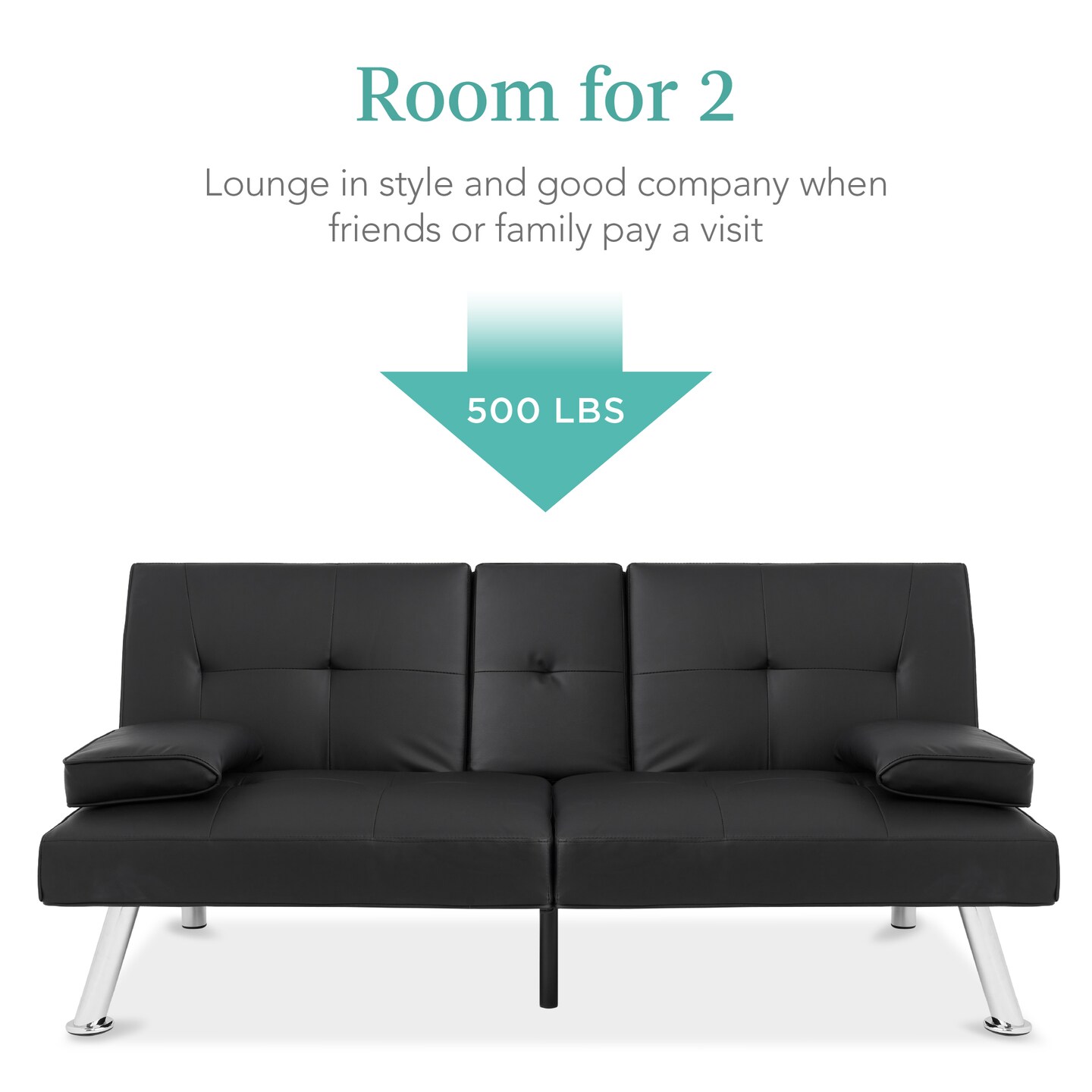 Best Choice Products Modern Faux Leather Convertible Futon Sofa w/ Removable Armrests, 2 Cupholders