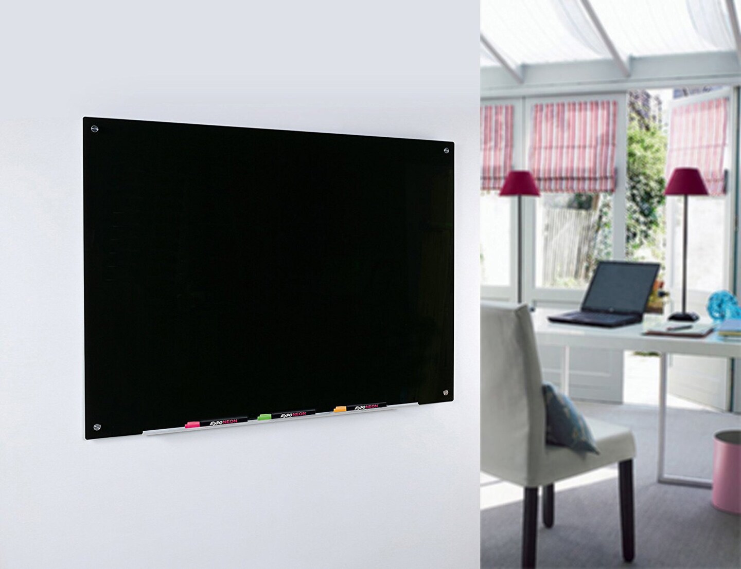 Audio-Visual Direct Magnetic Black Glass Dry-Erase Board Set Includes Magnets, Hardware &#x26; Marker Tray
