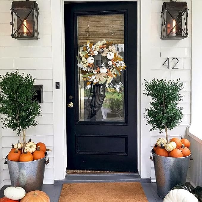 Fall Decor - Fall Wreaths for Front Door - 18&#x22; Autumn Maples Leaf Pumpkin Pine Cone Berry Wreath - Fall Decorations for Thanksgiving and Halloween Farmhouse Harvest Home Outdoor Indoor Window Wall.