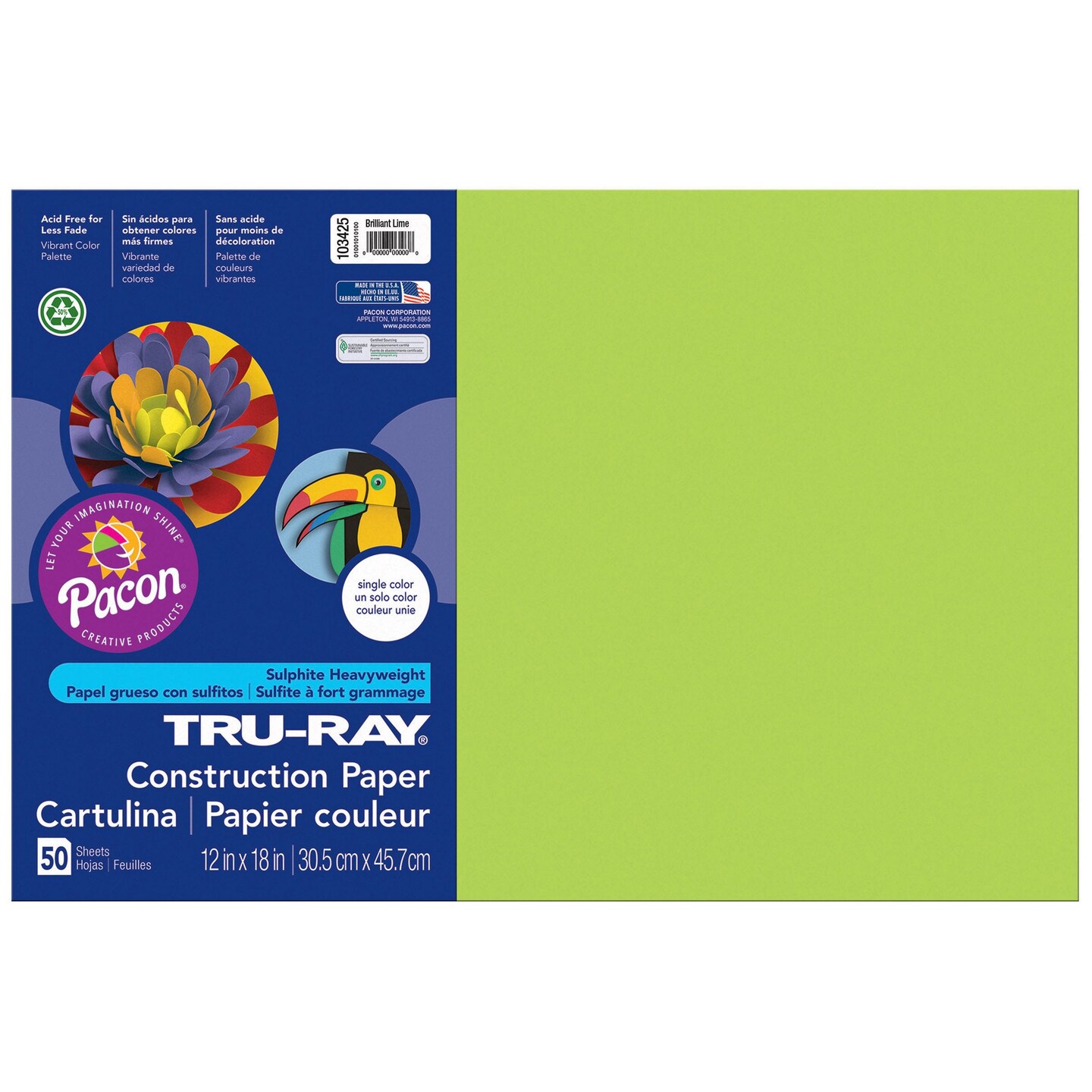 Construction Paper, Brilliant Lime, 12&#x22; x 18&#x22;, 50 Sheets