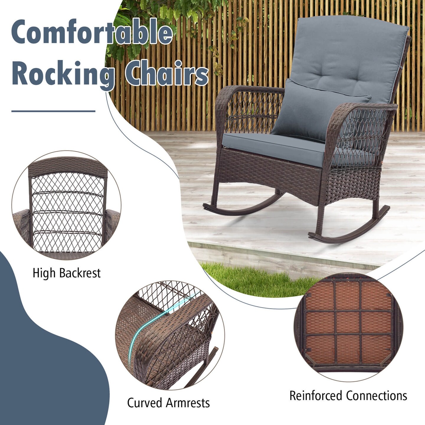 Costway 3 PCS Patio Rocker Set Outdoor Wicker Rocking Chairs with Double-Layer Coffee Table Gray/Navy/Beige/Red