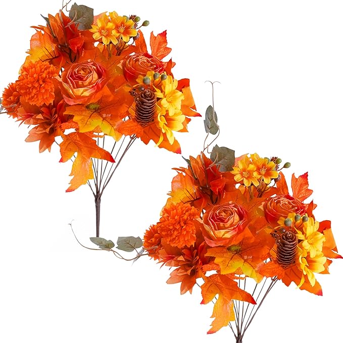 2 Pieces Fall Artificial Flowers, Fall Decor Silk Flowers Bouquet for Home Wedding Thanksgiving Decoration (Orange, 2).