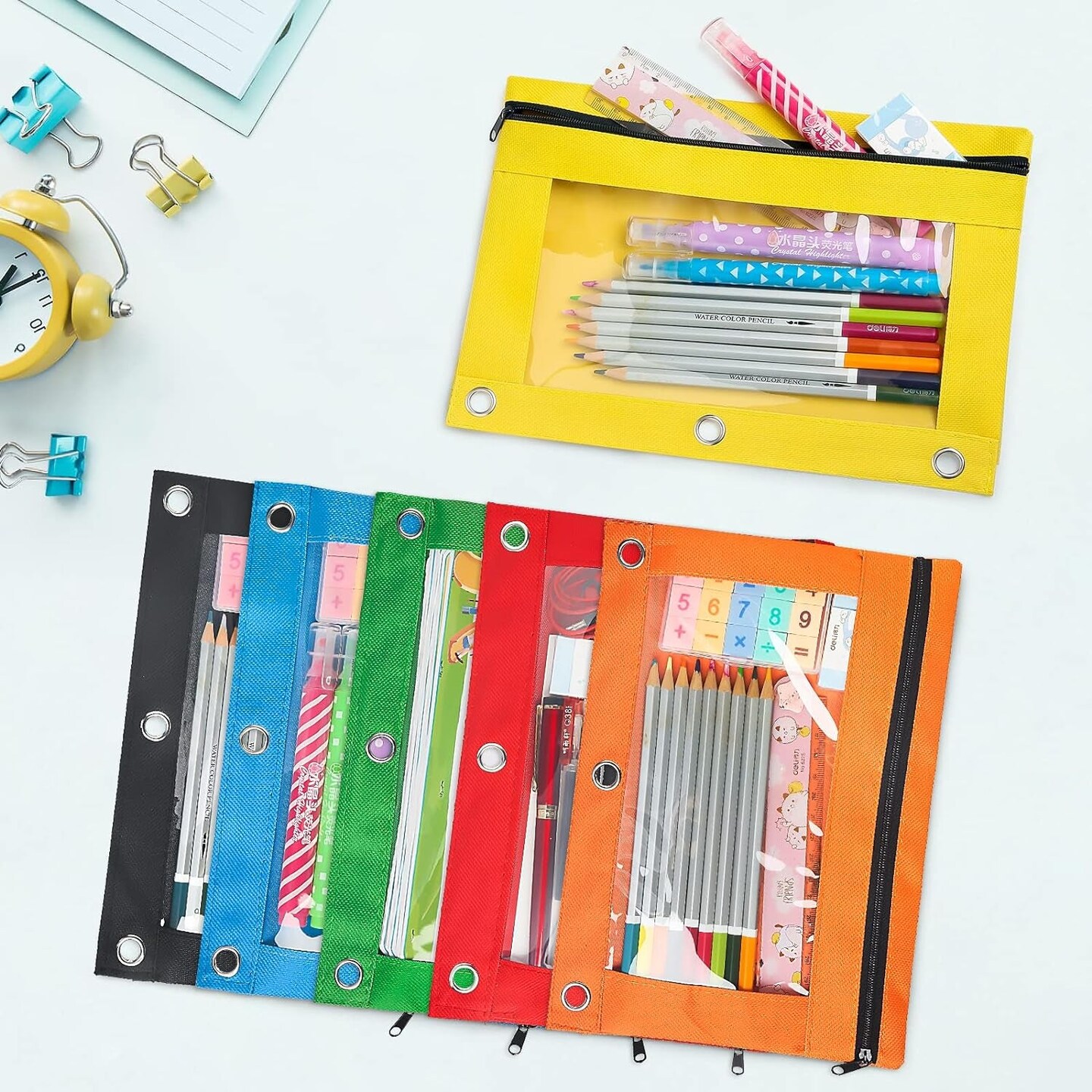 Pencil Pouch for 3 Ring Binder,Bulk,30 Pack in Assorted Colors,Sturdy and Durable Zipper Pencil Case with Clear Window,3-Hole Binder Cloth Pencil Bag for Storing School Office Supplies