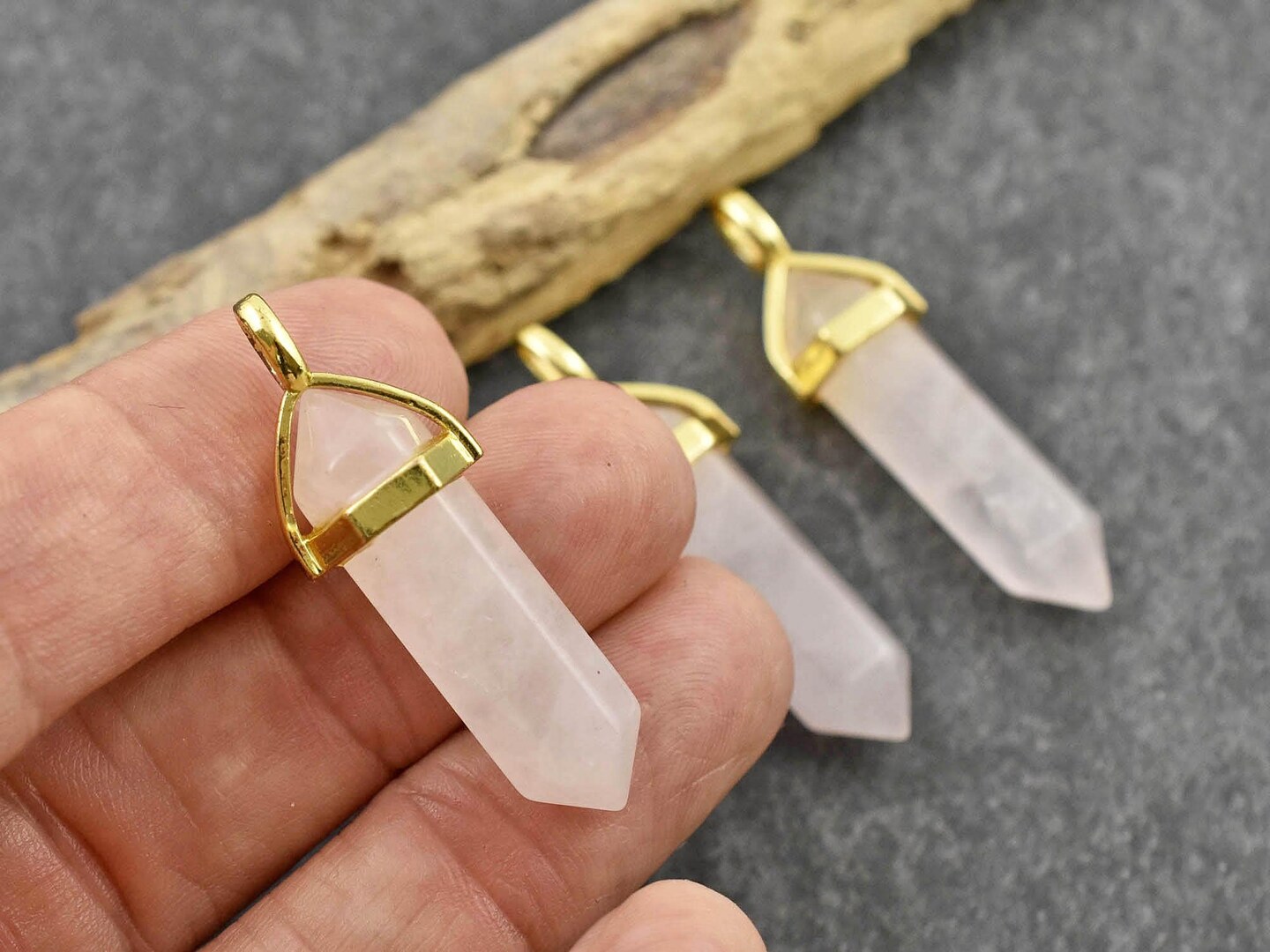 40mm Gold Tone Plated Brass Capped Natural Rose Quartz Double Terminated Bullet Pendant
