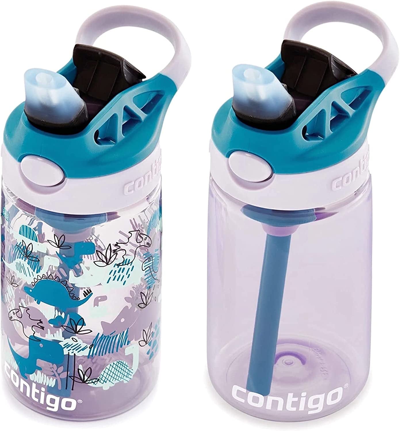 Kids Straw Water Bottle with AUTOSPOUT Lid, 14Oz., 2 Pack, Eggplant &#x26; Dinos
