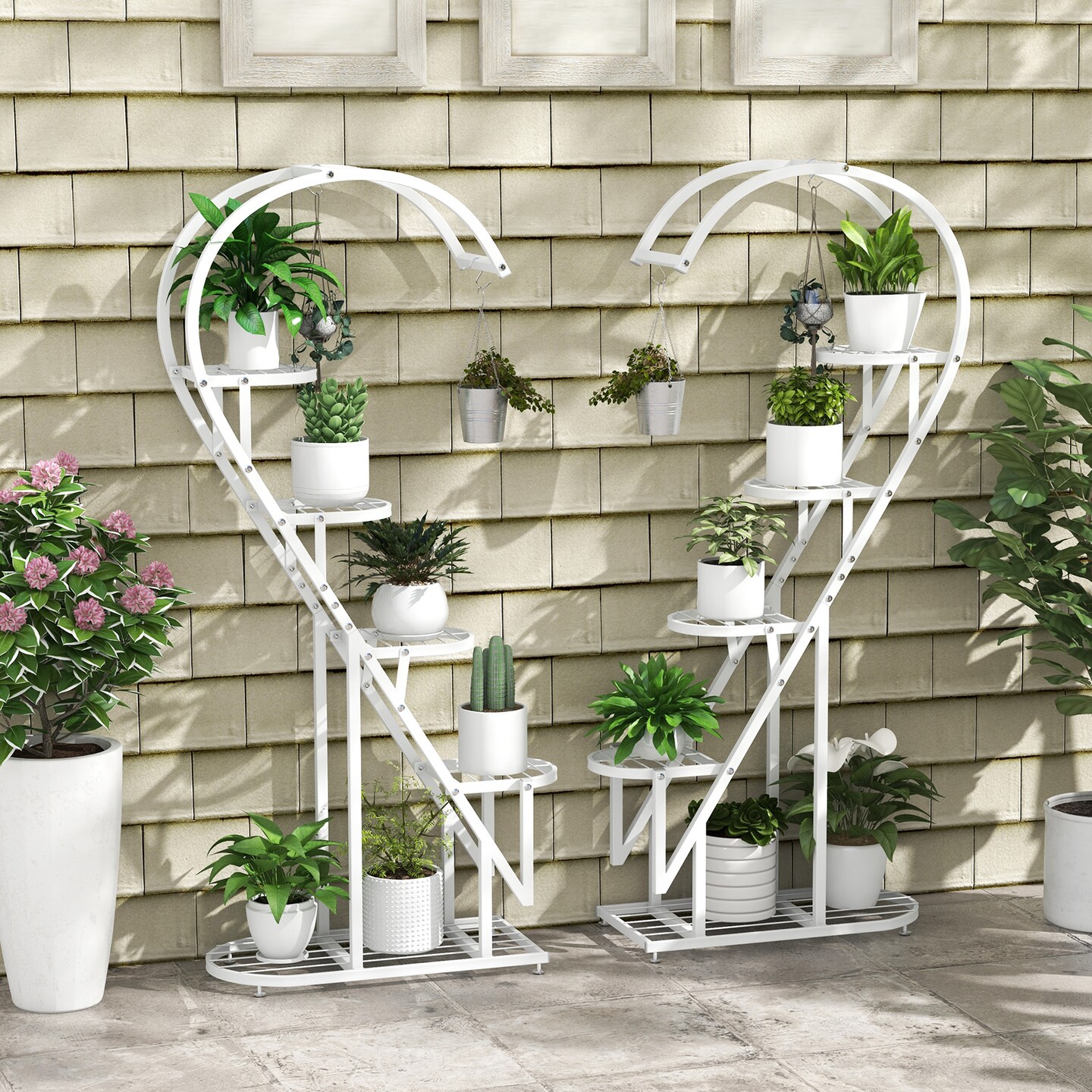 Costway 5 Tier Metal Plant Stand Heart-shaped Shelf with Hanging Hook for Multiple Plants Black/White/Pink & Blue