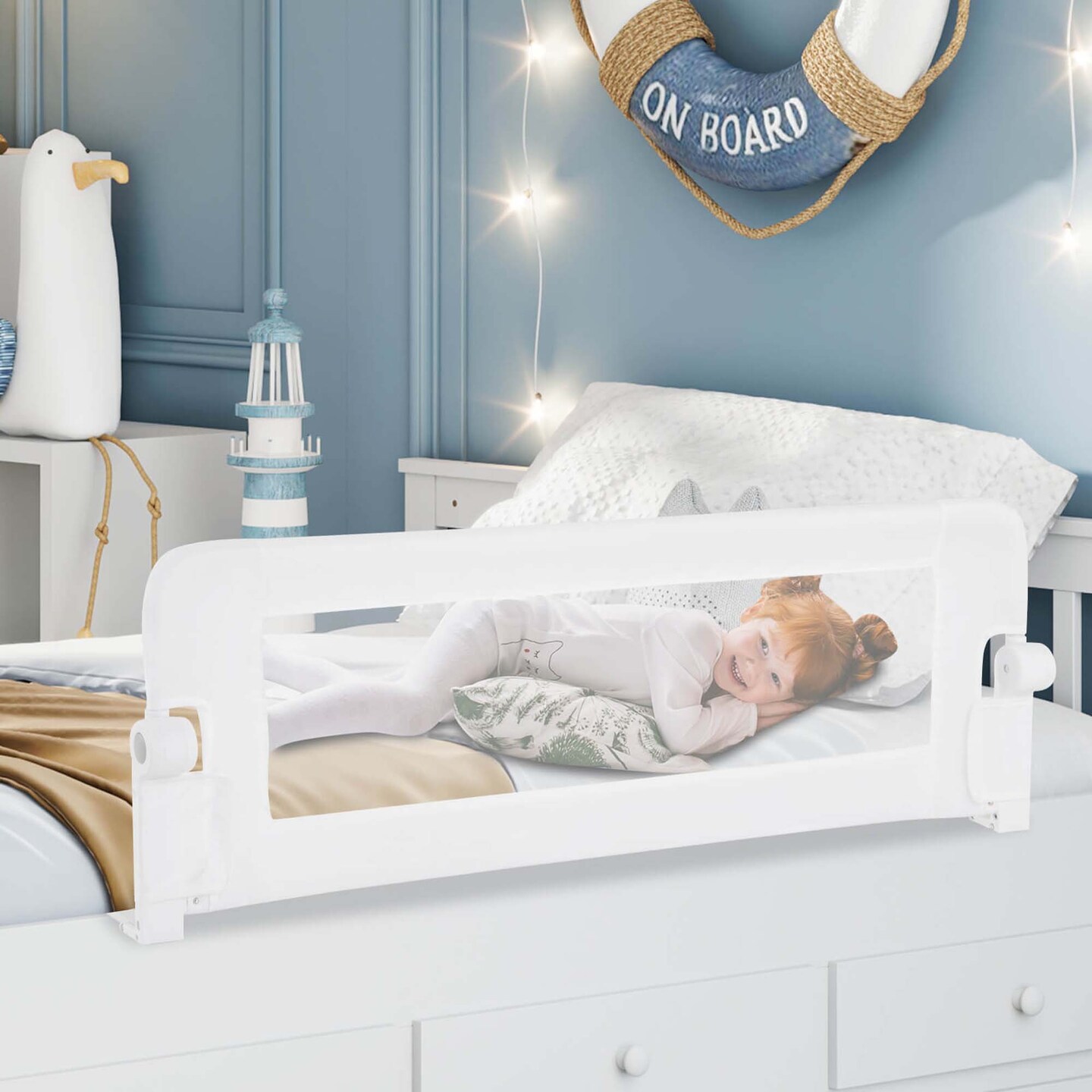 Costway 1/2 PCS 42&#x22; Toddler Foldable Bed Rail with Adjustable Safety Strap Bedrail Guard White
